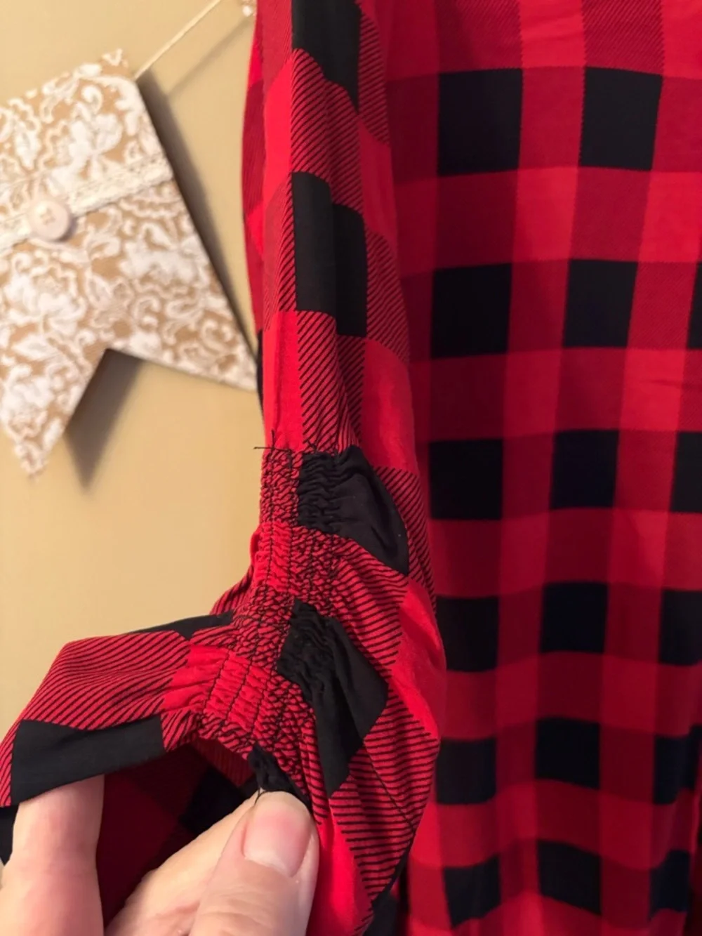 FDJ Red and Black Buffalo Plaid V-Neck Blouse - Picture 3 of 8